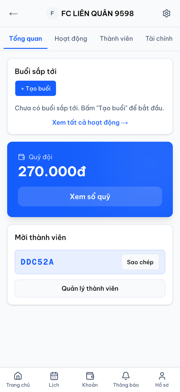 Màn hình Minrot: quỹ đội, buổi sắp tới, mã mời thành viên